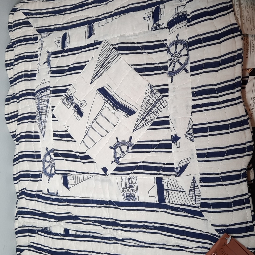 Set 4 Placemats Tablemat Quilted Cotton Navy Blue White 15" Square Nautical